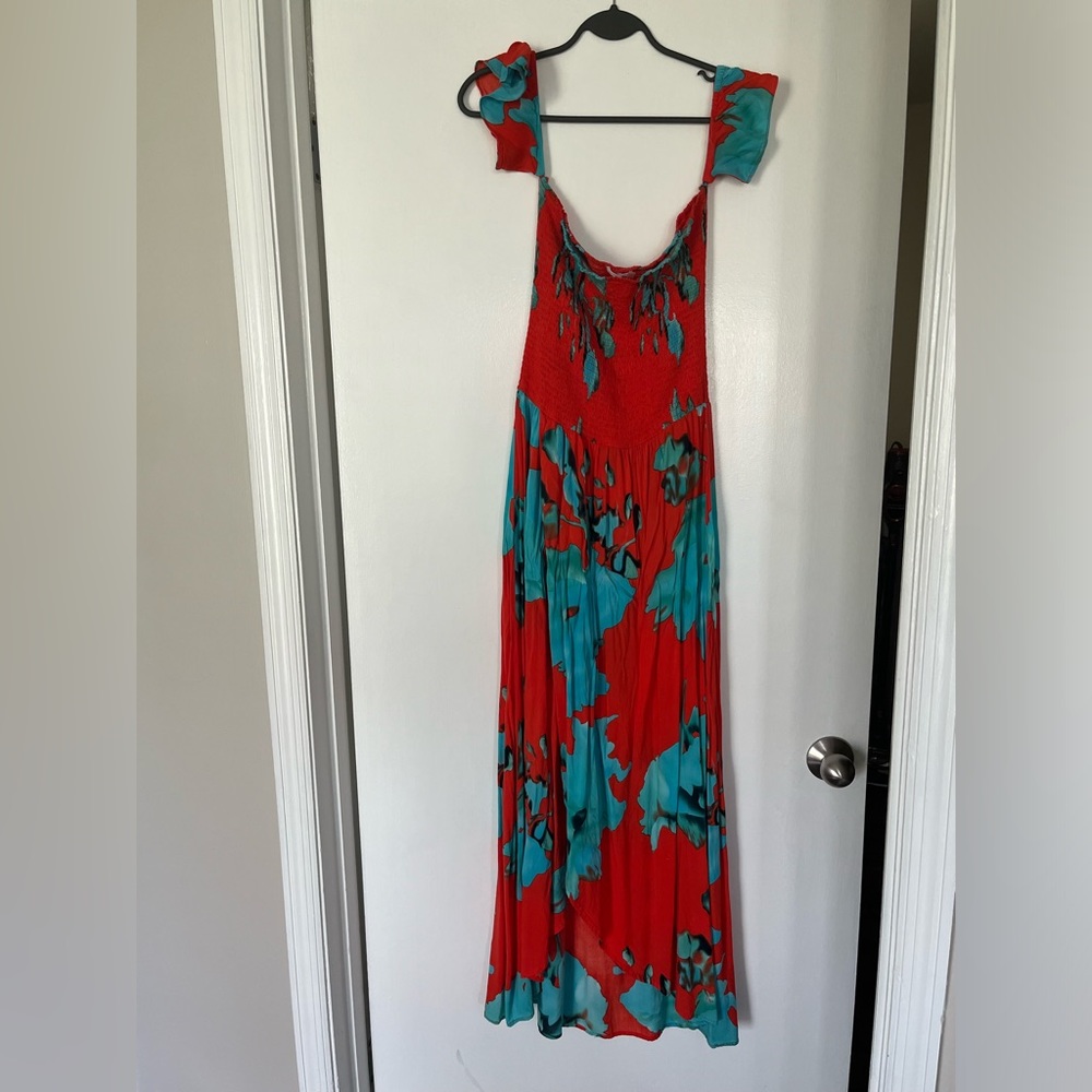 Turquoise & orange off the shoulder maxi dress